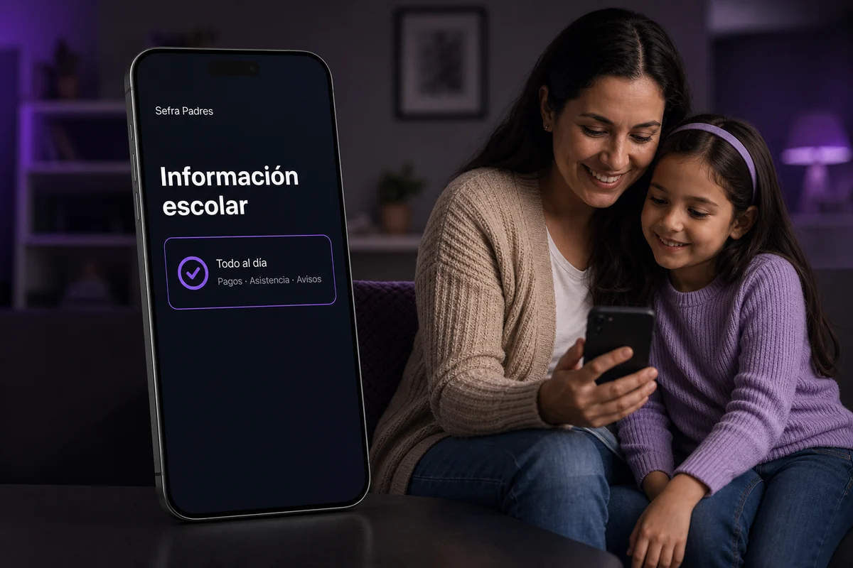 Una madre y su hija consultan información escolar junto a una vista simplificada de Sefra Padres.